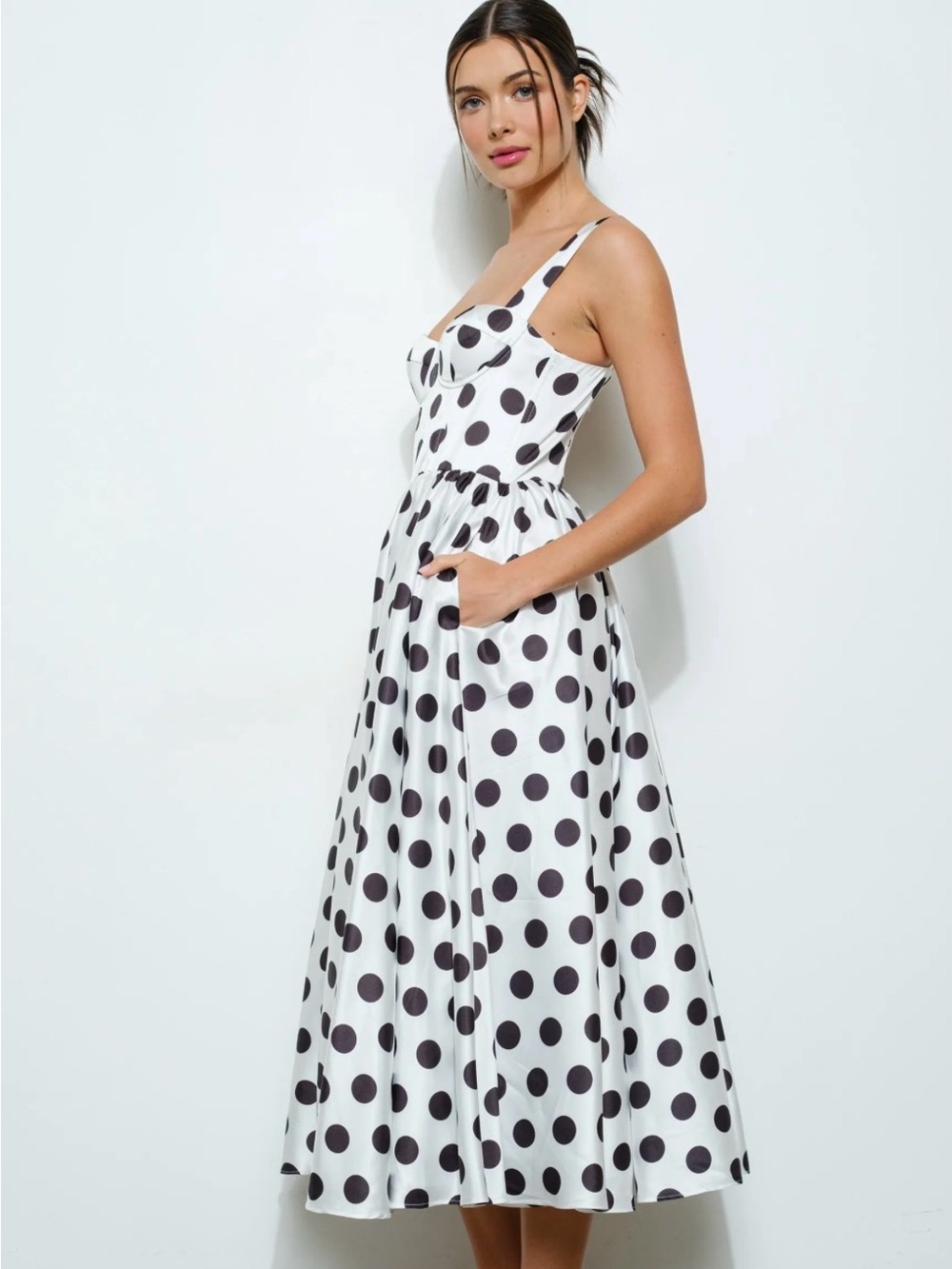 Ina White Midi Dress with Black Polka Dots